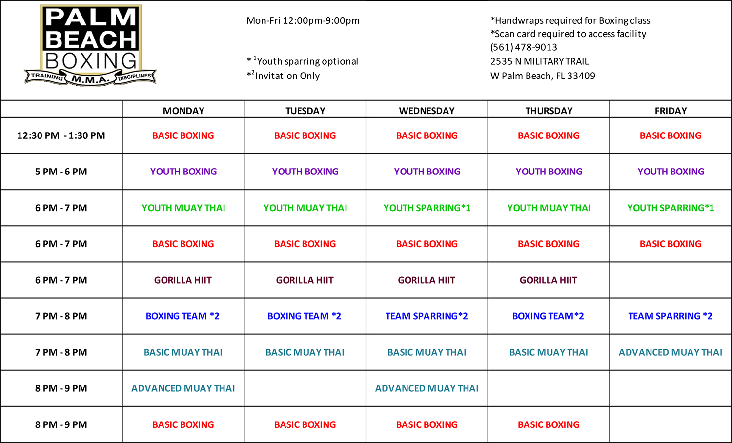 Palm Beach Boxing and MMA Class Schedule