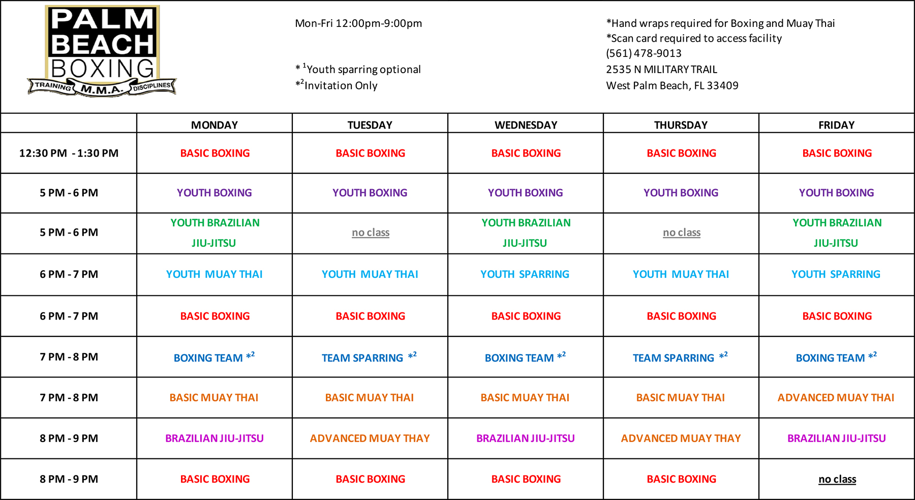 Palm Beach Boxing & MMA Class Schedule 2022