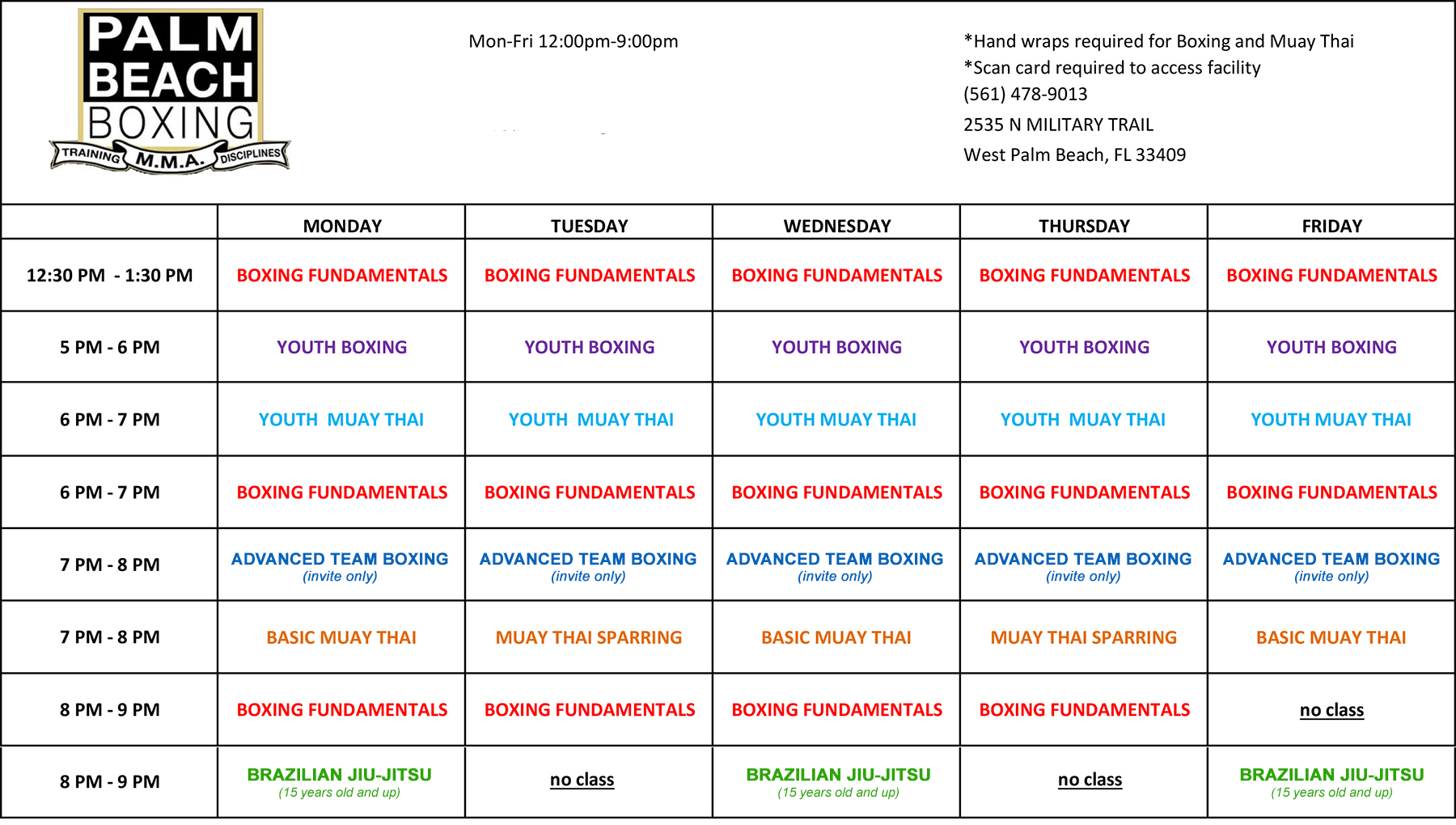 Palm Beach Boxing & MMA Class Schedule 2025
