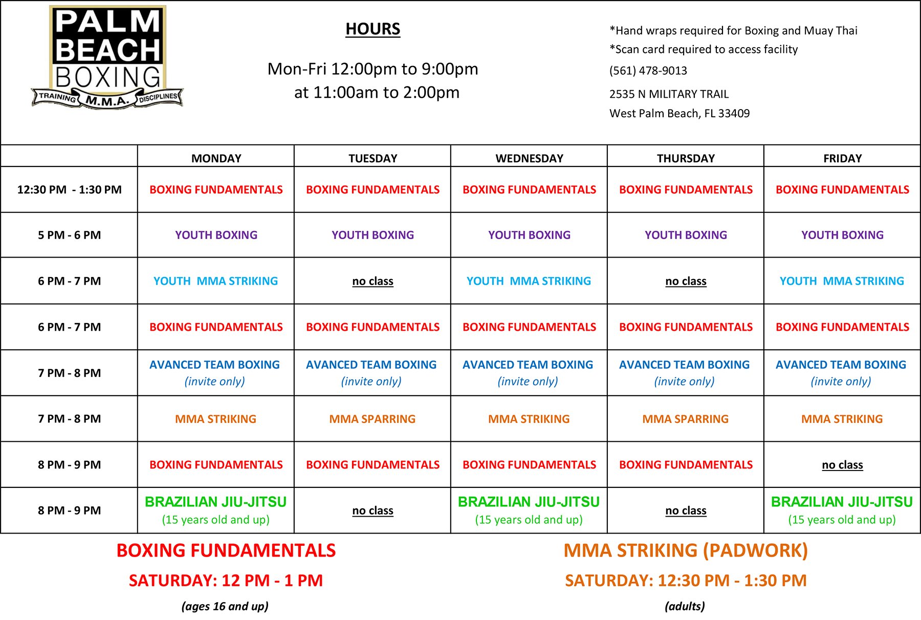 Palm Beach Boxing and MMA - Class Schedule